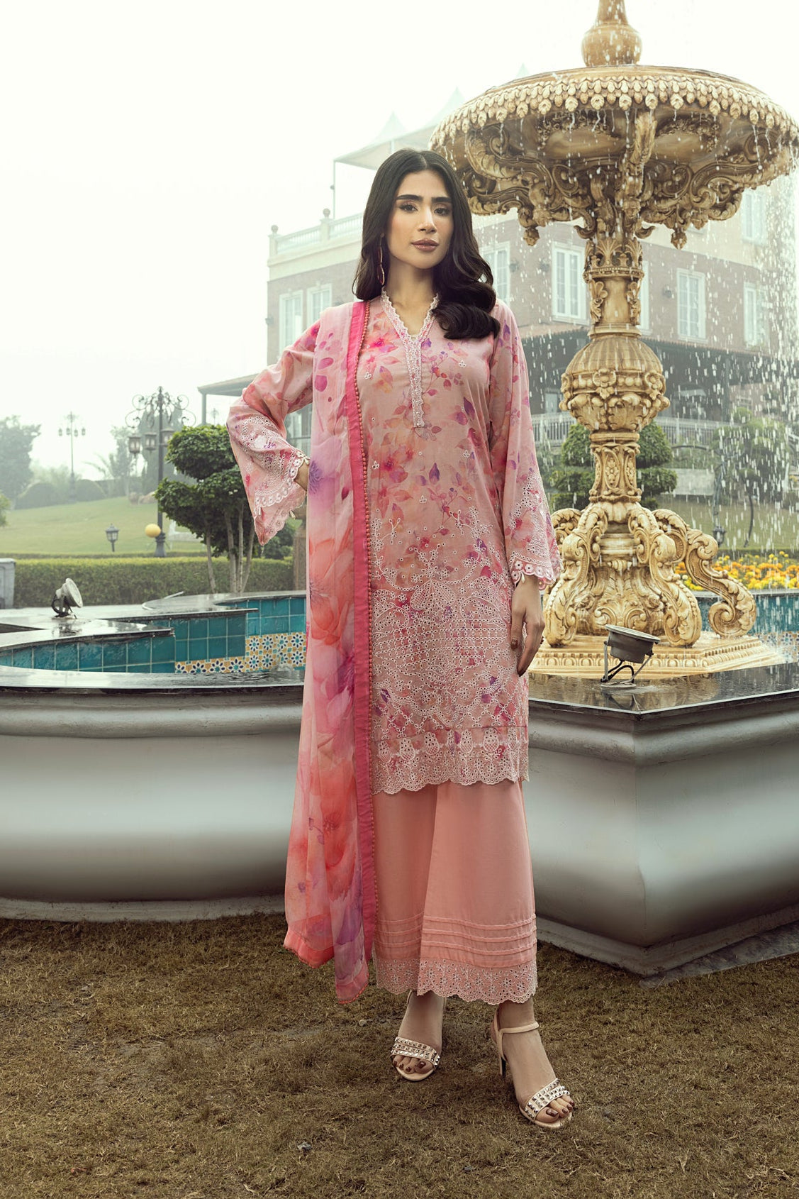 03 Piece Stitched Printed Embroidered With Printed Chiffon Dupatta