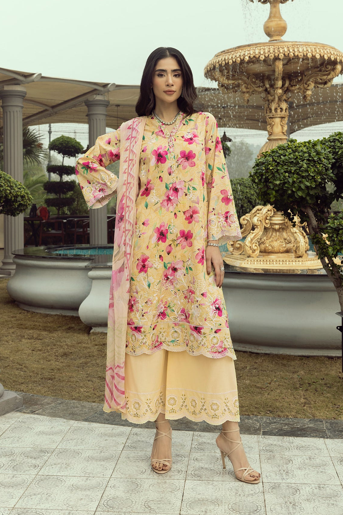 03 Piece Stitched Printed Embroidered With Printed Chiffon Dupatta