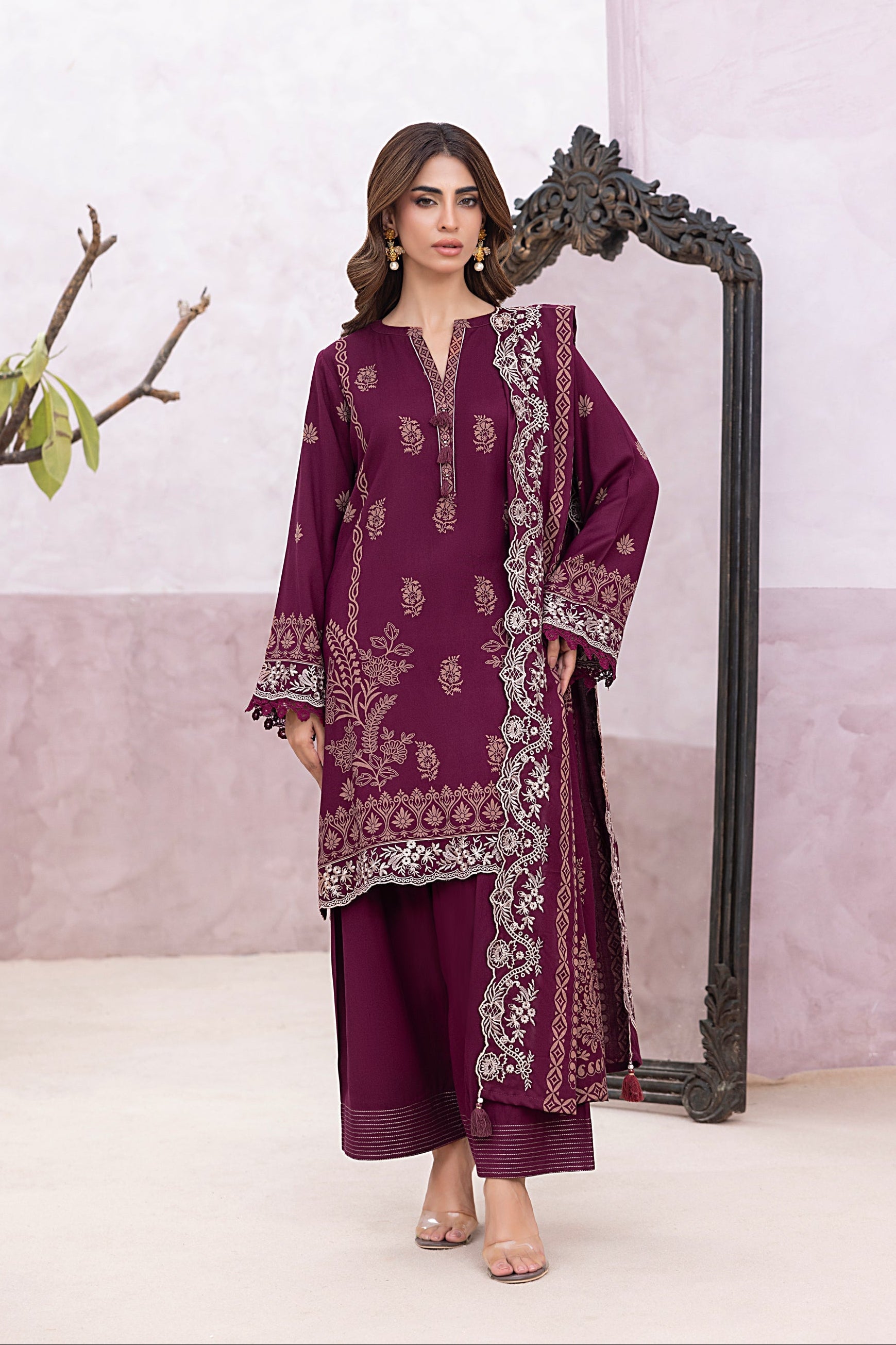 03 Piece Stitched Printed Embroidered Cashmi Wool