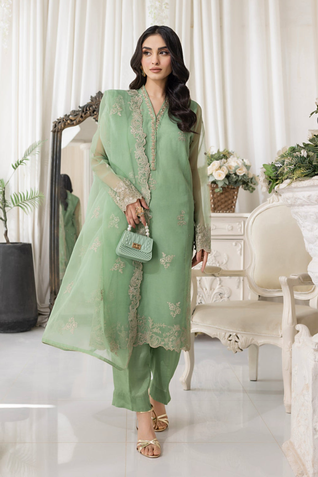 03 Piece Ready to wear Embroidered Organza