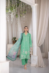03 Piece Ready to wear Embroidered Raw Silk With Printed Polyester Chiffon Dupatta
