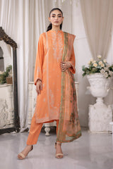 03 Piece Ready to wear Embroidered Raw Silk With Printed Polyester Chiffon Dupatta
