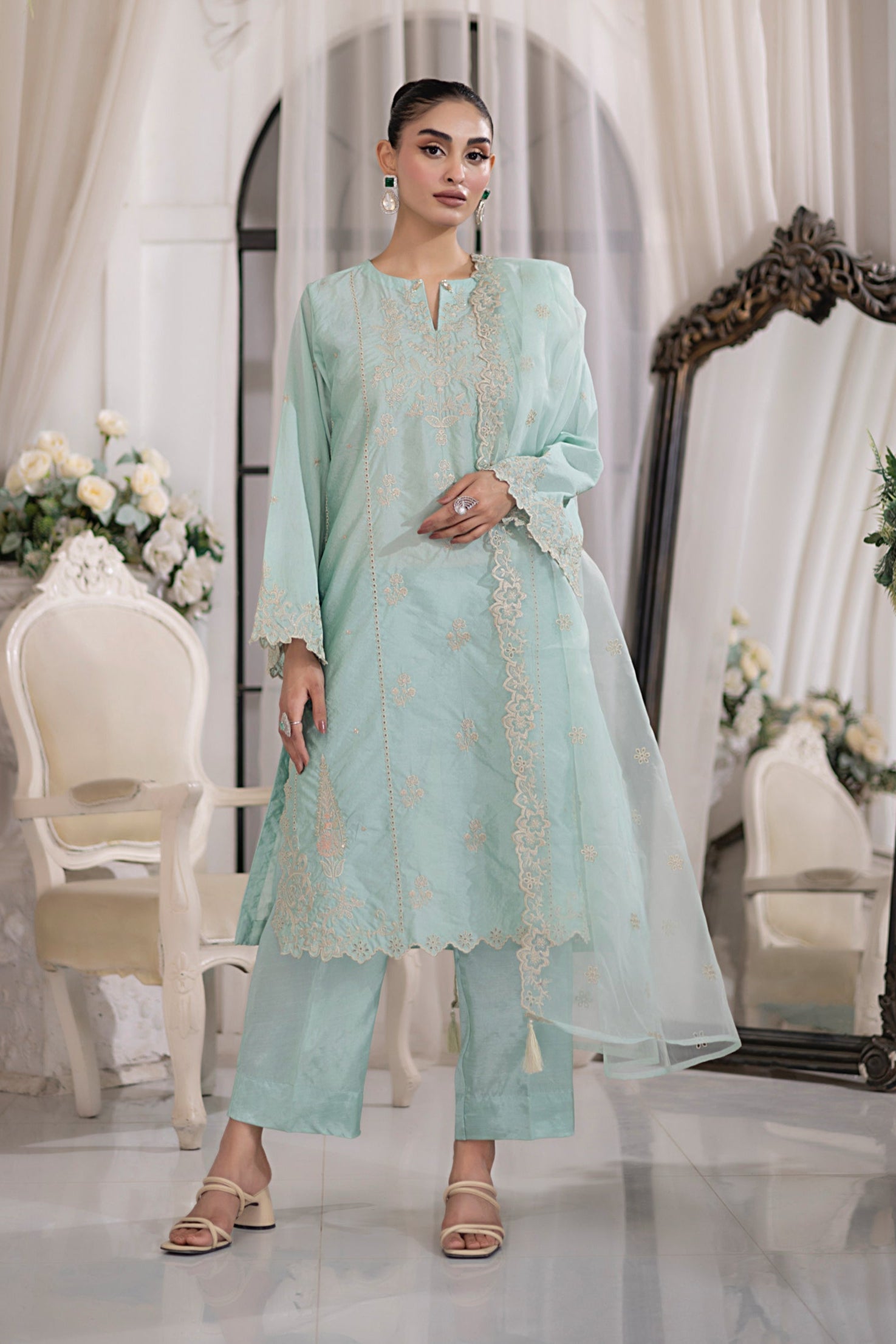 03 Piece Ready to wear Embroidered Raw Silk With Printed Polyester Chiffon Dupatta