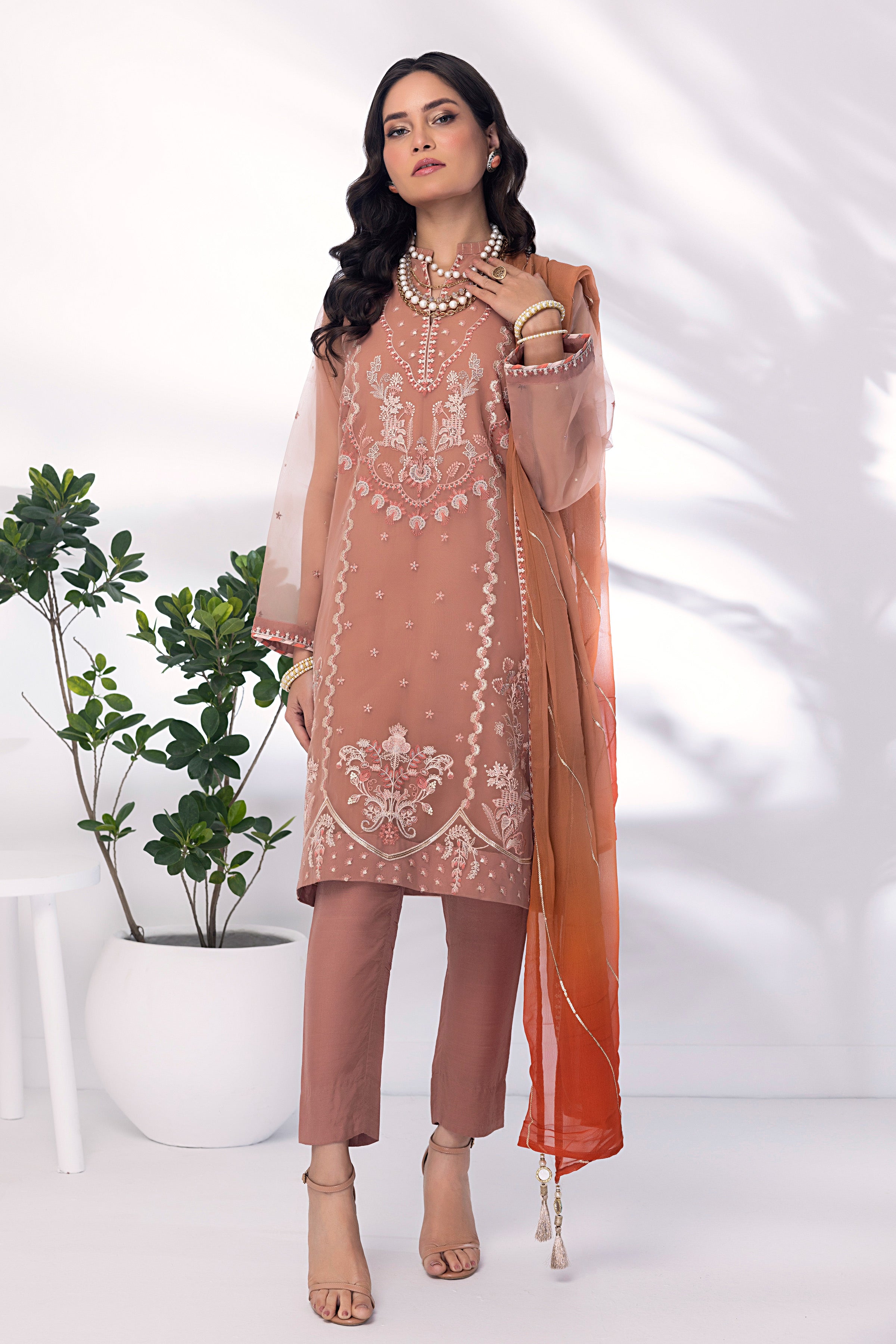 03 Piece Ready to wear Embroidered Organza with printed chiffon dupatta