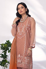 03 Piece Ready to wear Embroidered Organza with printed chiffon dupatta