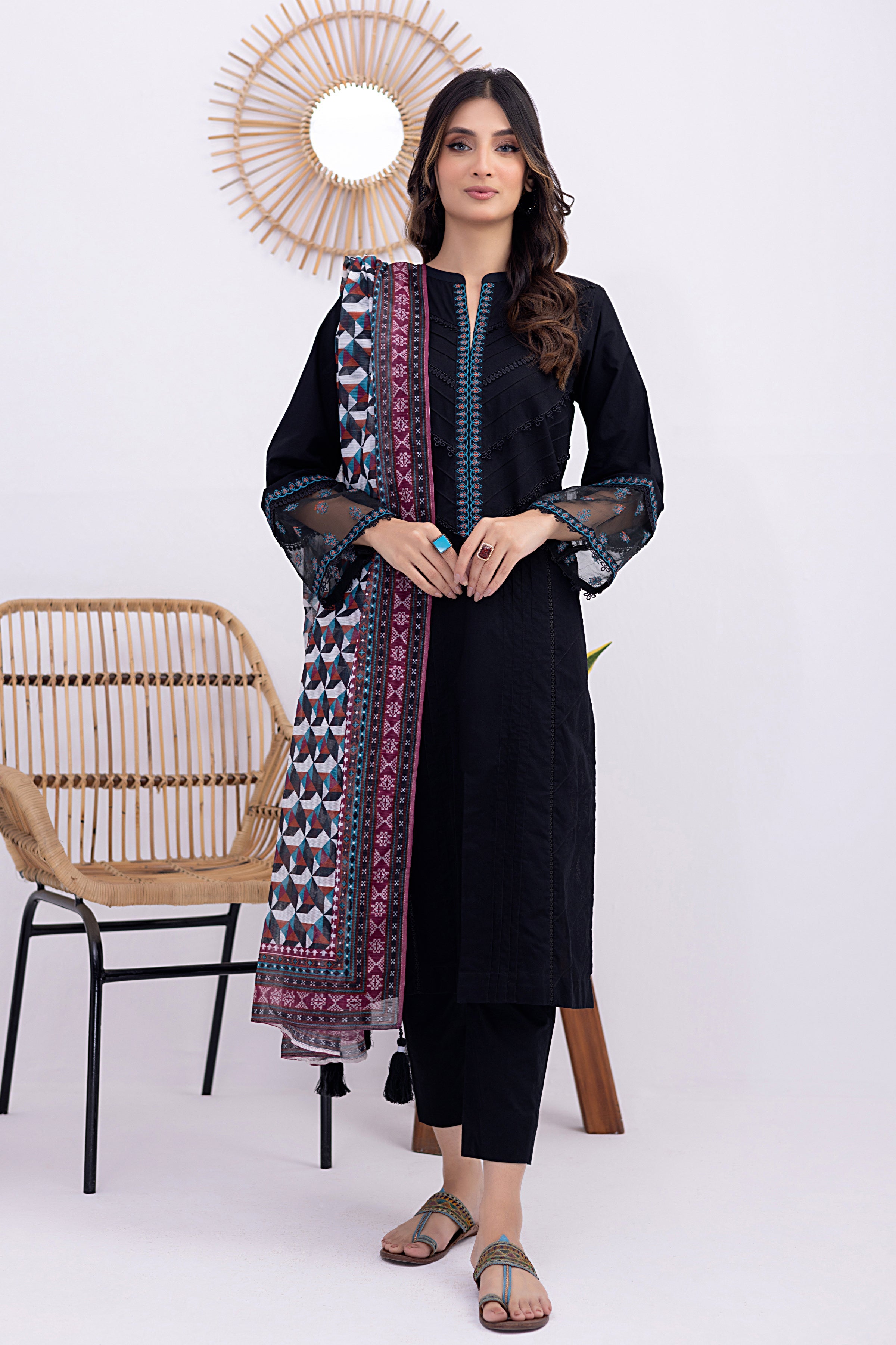 03 Piece Ready to wear dyed Embroidered with printed dupatta