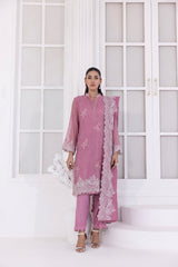 03 Piece Ready To Wear Embroidered Khaddi Net With Embroidered Fancy Net Dupatta