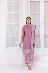 03 Piece Ready To Wear Embroidered Khaddi Net With Embroidered Fancy Net Dupatta