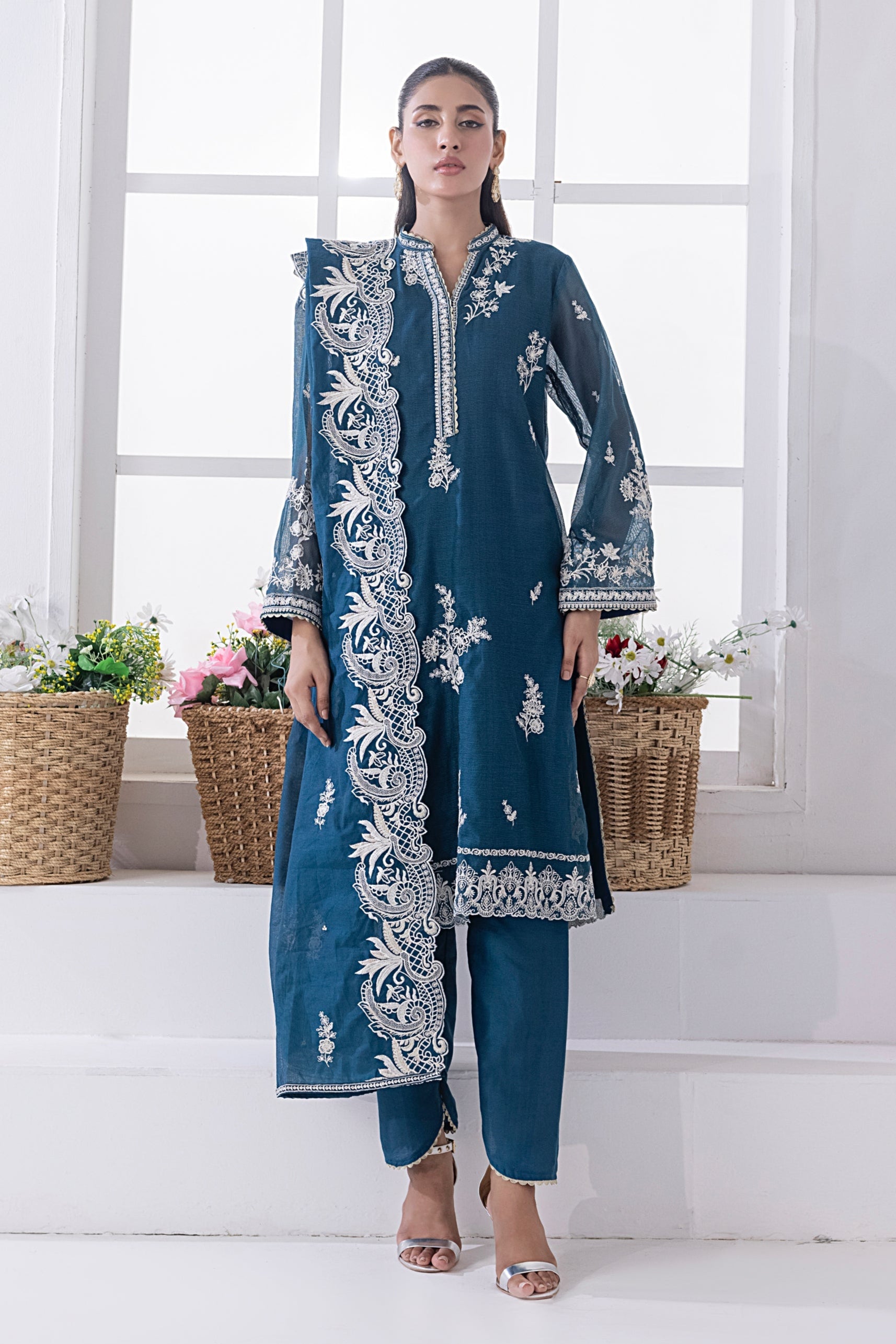 03 Piece Ready To Wear Embroidered Khaddi Net With Embroidered Fancy Net Dupatta