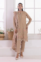 03 Piece Ready To Wear Embroidered Khaddi Net With Embroidered Fancy Net Dupatta