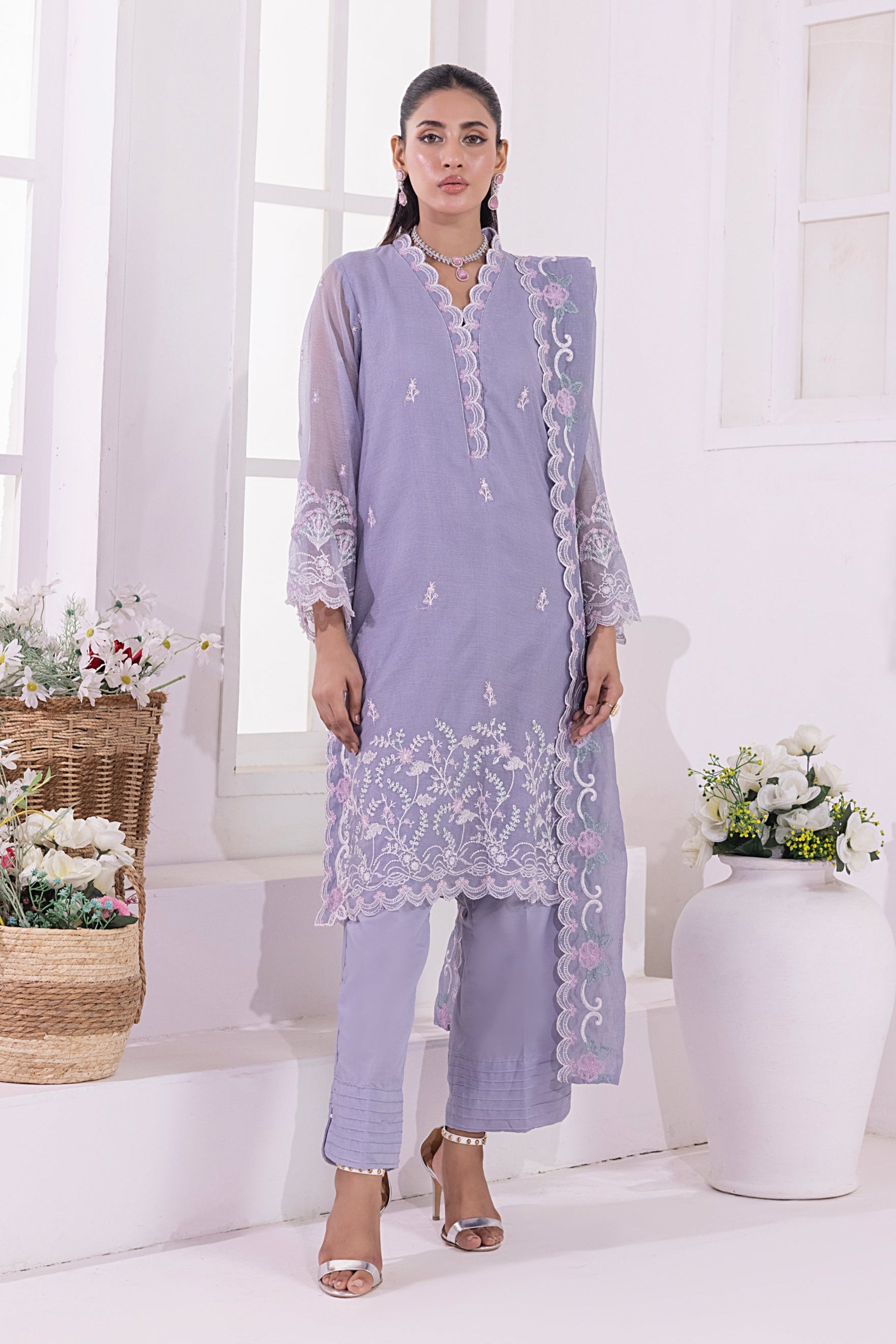 03 Piece Ready To Wear Embroidered Khaddi Net With Embroidered Fancy Net Dupatta