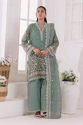 03 Piece Ready To Wear Embroidered Khaddi Net With Embroidered Fancy Net Dupatta