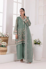03 Piece Ready To Wear Embroidered Khaddi Net With Embroidered Fancy Net Dupatta