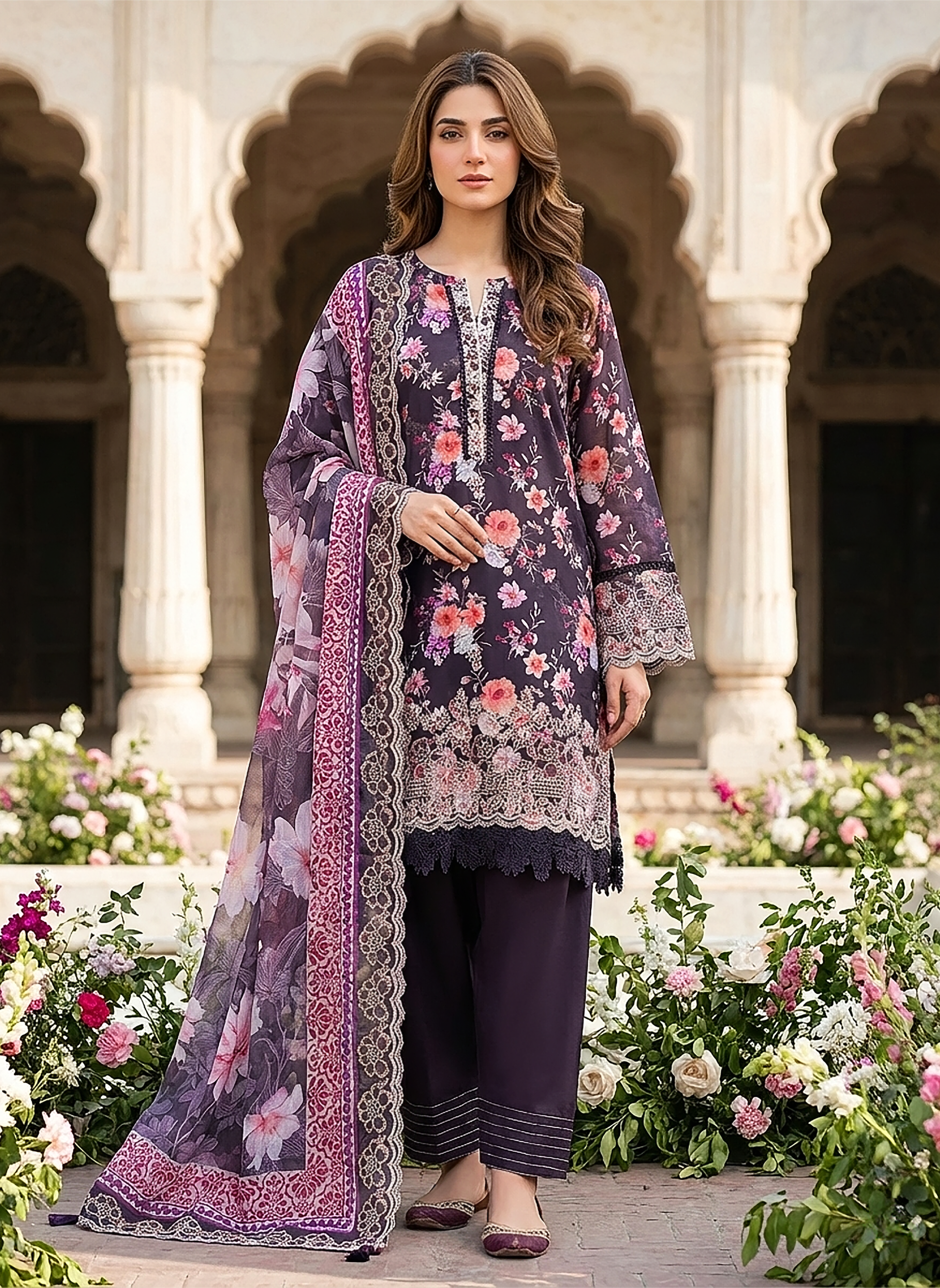 03 Piece Stitched Embroidered with cutwork embroidered chiffon dupatta
