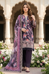 03 Piece Unstitched Embroidered with cutwork embroidered chiffon dupatta - Design 22