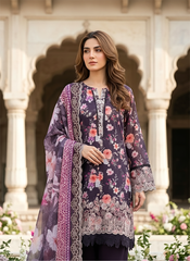 03 Piece Stitched Embroidered with cutwork embroidered chiffon dupatta