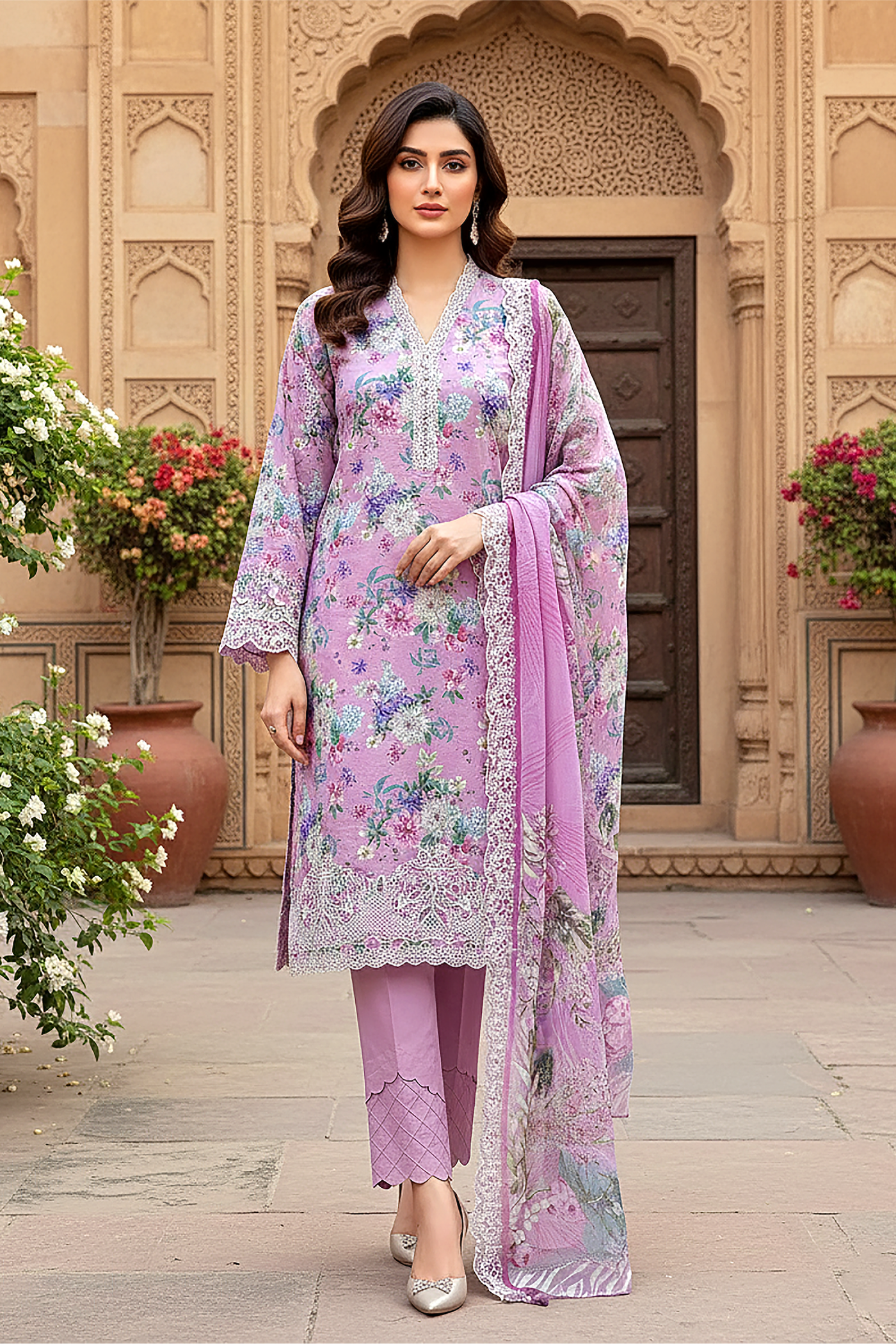 03 Piece Unstitched Embroidered with cutwork embroidered chiffon dupatta - Design 23