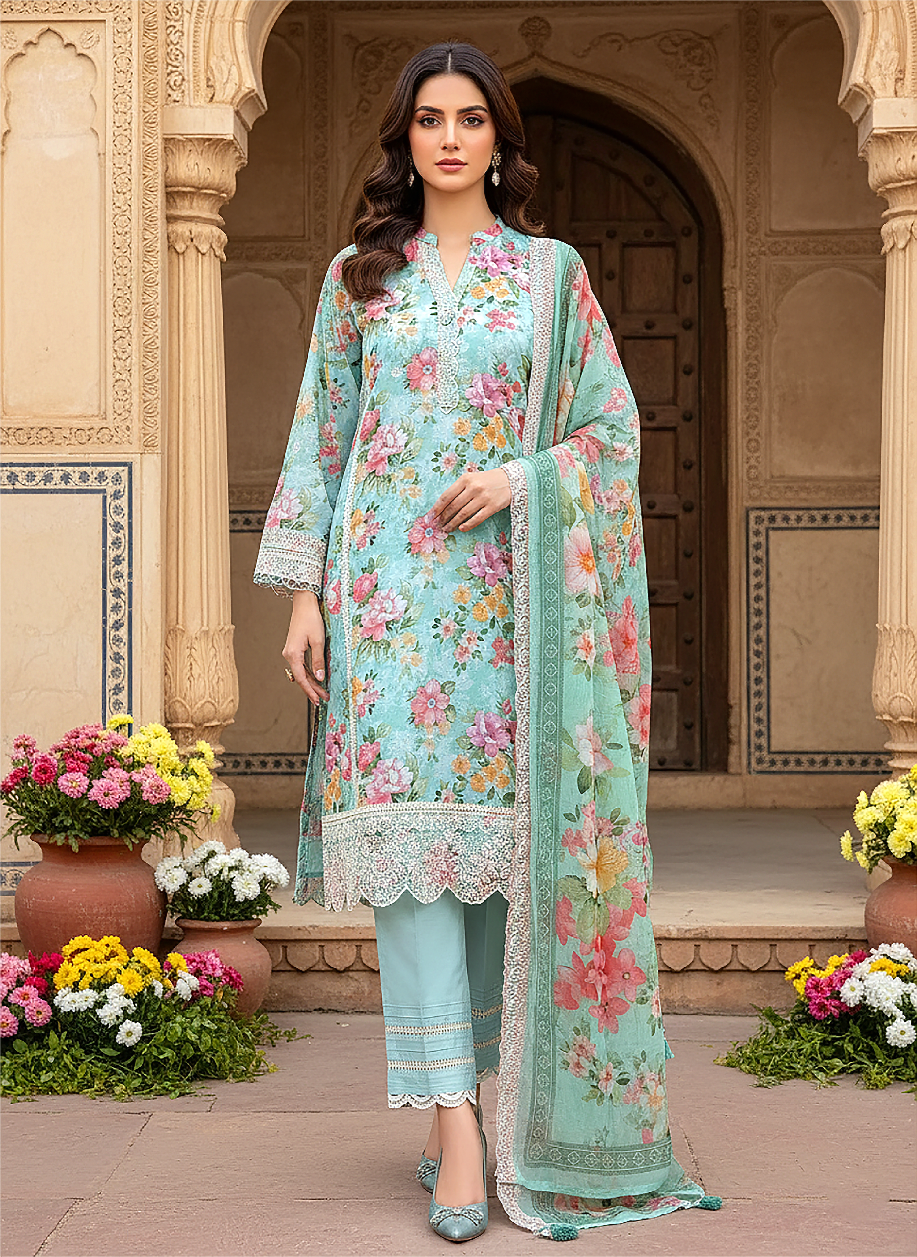 03 Piece Stitched Embroidered with cutwork embroidered chiffon dupatta