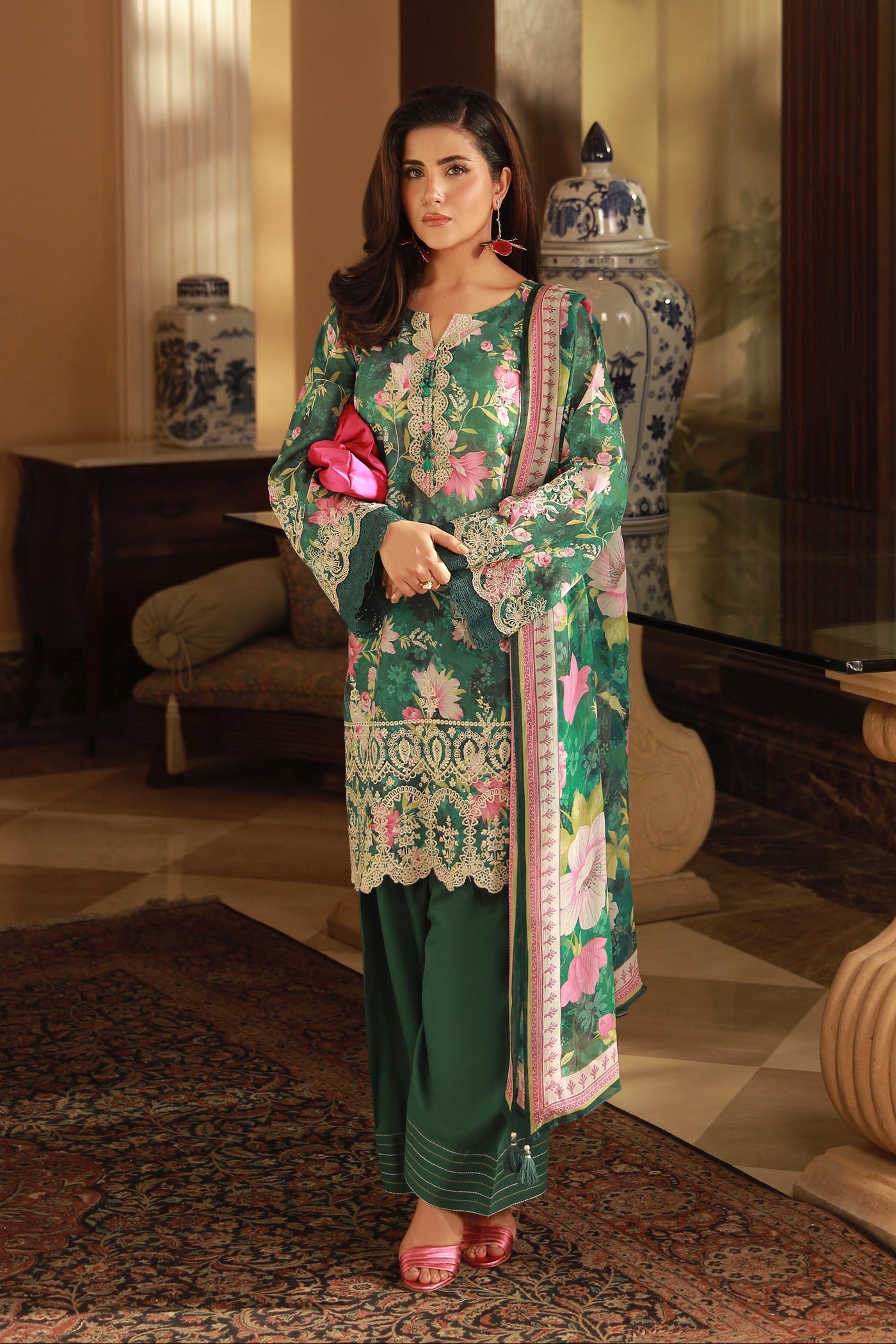 03 Piece Unstitched Embroidered With Printed Chiffon Dupatta Komal Lawn - Design 2