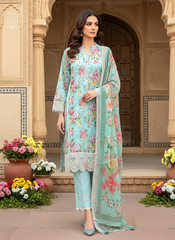 03 Piece Stitched Embroidered with cutwork embroidered chiffon dupatta