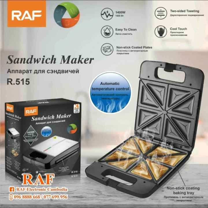 RAF Sandwich Maker R-515 1400W 2 Slice Non-stick Surface Imported Brand Warranty