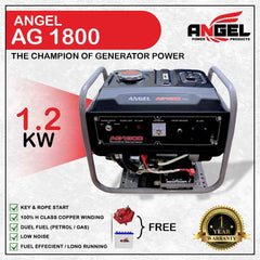 Angel Generator Euro5 AG 1800 Portable 1.2 KVA 1000Watt (1 Kw) Low Noice Alternator: 100% COPPER Starting SELF 6 Months Brand Warranty