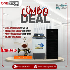 Combo Deal Discount Offer (Salika Sewing Machine) (Pak Ceiling Fan Floral AC DC) (Haier Washing Machine HWM-80-1217) (Haier Refrigerators HRF-316 EPB) - Onestopmall.pk