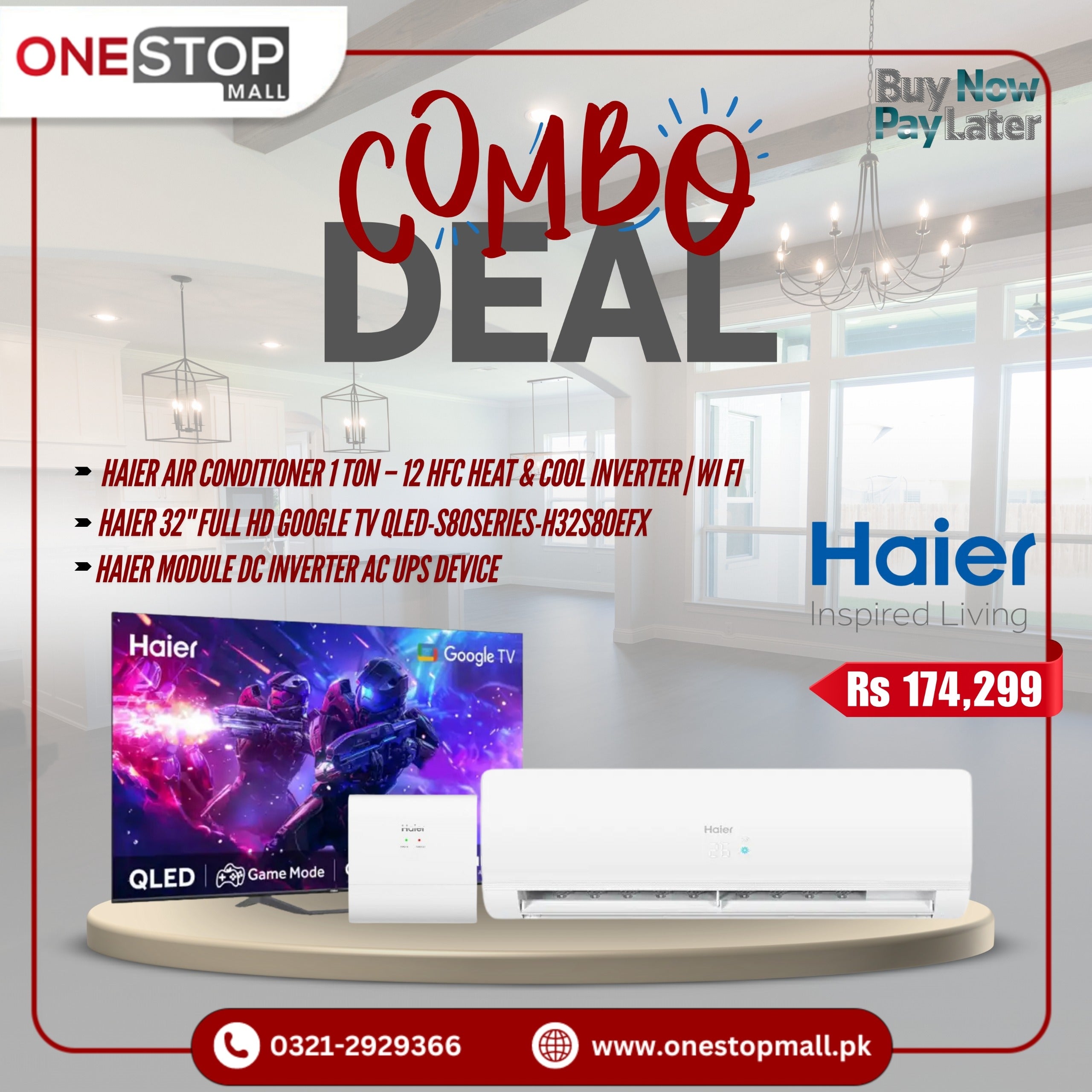 Combo Deal Discount Offer (Haier Air Conditioner Ac 1 Ton – 12 HFC) (Haier 32" LED S8OSERIES-H32S80EFX) (Haier DC Inverter AC UPS Device) - Onestopmall.pk