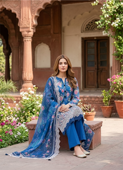 03 Piece Stitched Embroidered with cutwork embroidered chiffon dupatta