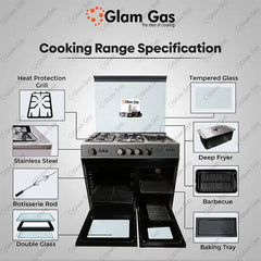 Glam Gas Cooking Range Glamour 34 Gray Tempered Glass Auto Ignition (Natural Gas & LPG) Brand Warranty - Onestopmall.pk