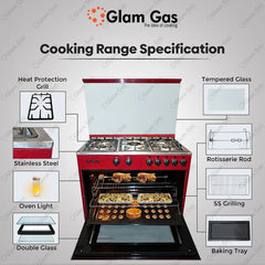 Glam Gas Cooking Range Chef 34 Red Tempered Glass Auto Ignition (Natural Gas & LPG) Brand Warranty - Onestopmall.pk