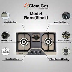 Glam Gas Built In Hob (Model GG-Flora B) 3 Burner Steel Pan Supports (Natural Gas & LPG) Easy To Clean Brand Warranty - Onestopmall.pk