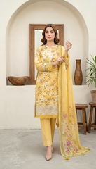 03 Piece Stitched Embroidered with Printed Chiffon Dupatta Komal Lawn