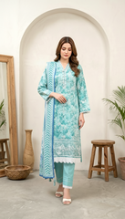 03 Piece Stitched Embroidered with Printed Chiffon Dupatta Komal Lawn