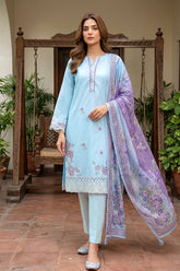 03 Piece Unstitched Dyed Embroidered with Printed Lawn Dupatta - Design 2
