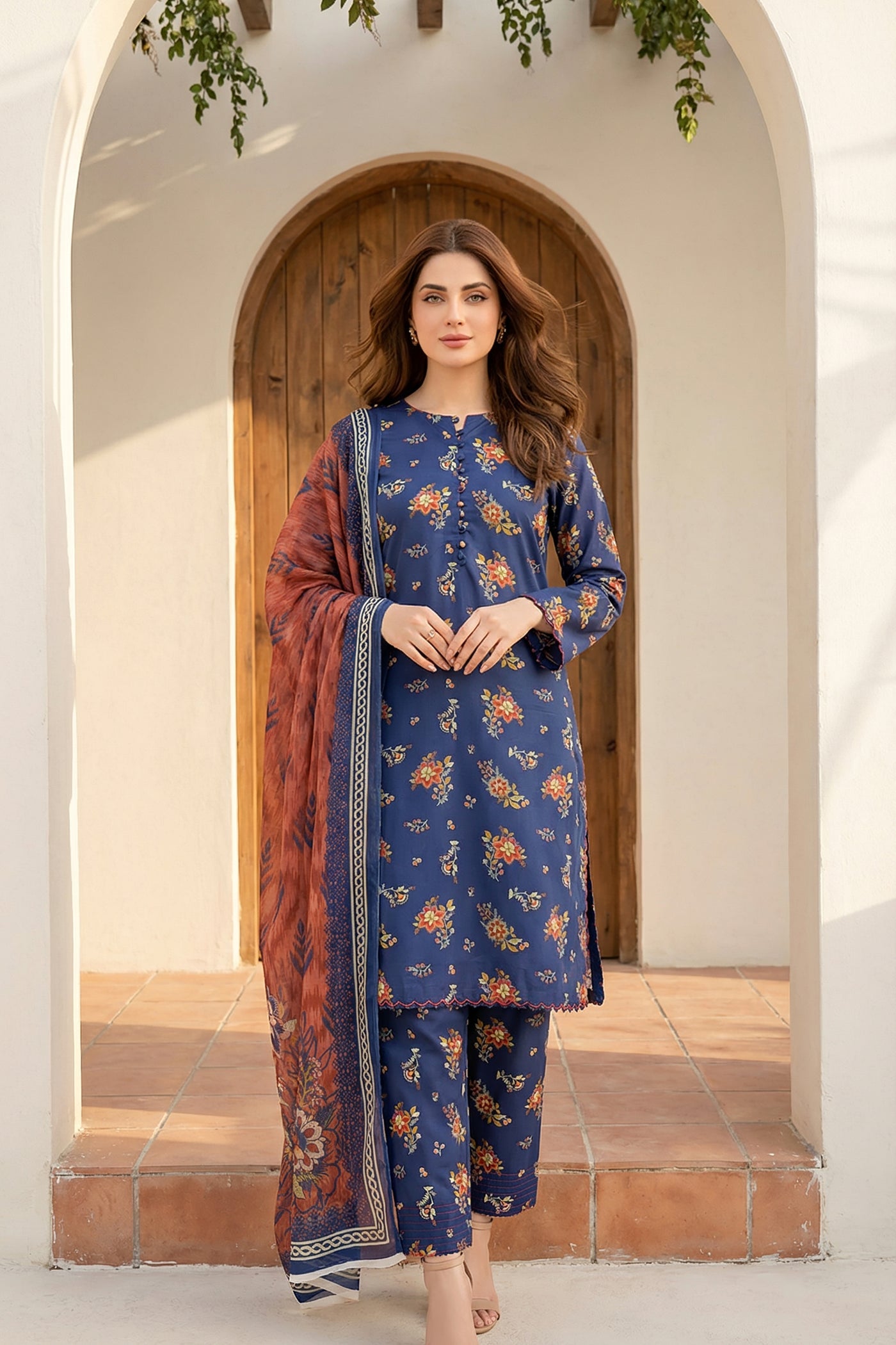 03 Piece Unstitched Printed Arabic Lawn with Printed Chiffon Dupatta - Design 12