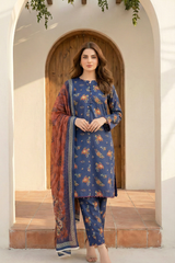 03 Piece Unstitched Printed Arabic Lawn with Printed Chiffon Dupatta - Design 12