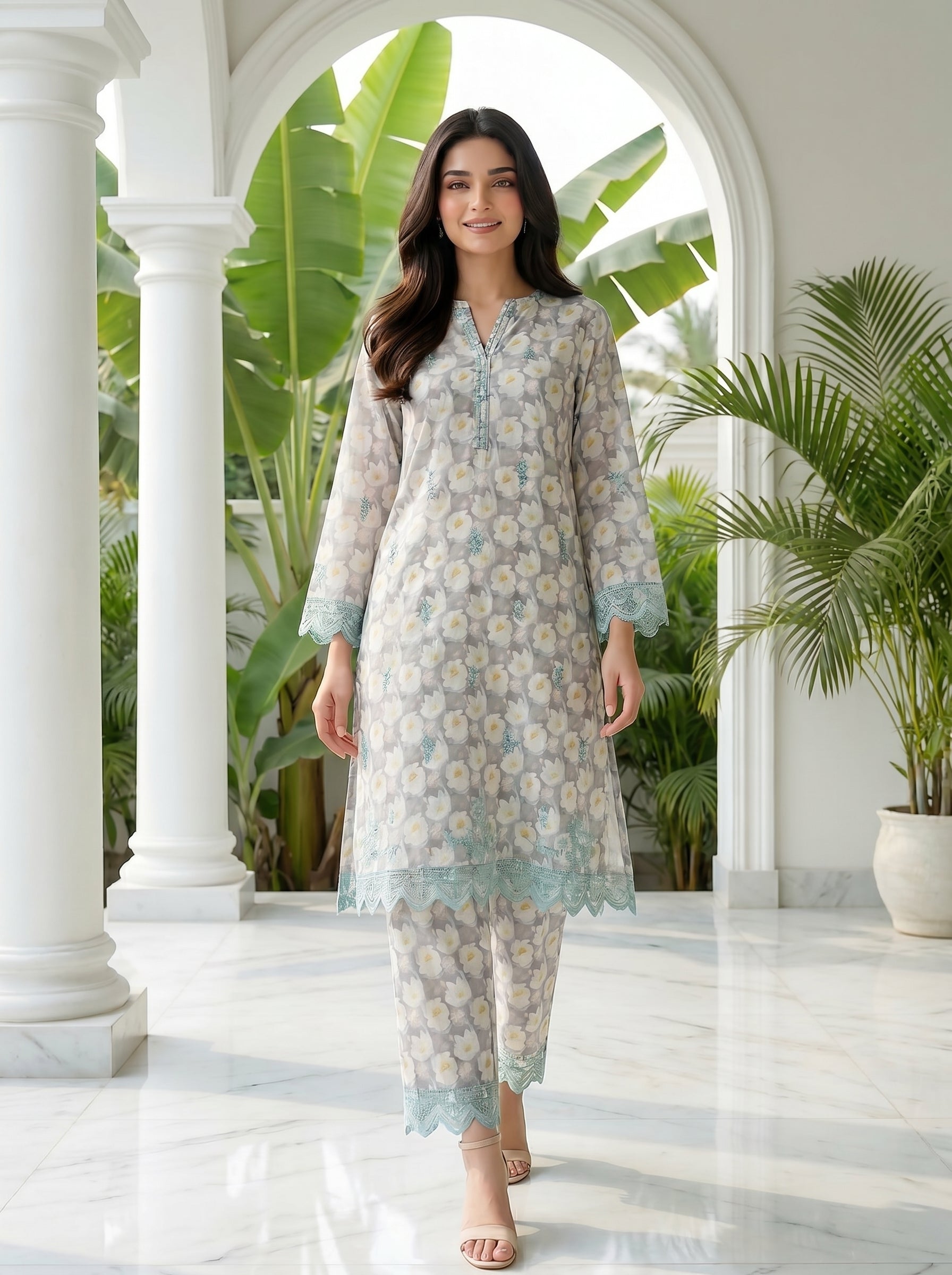 02 Piece Unstitched Printed Embroidered Shirt & Trouser - Lakhany