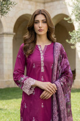 Lakhany Premium 03 Piece Unstitched Dyed Embroidered with Printed Chiffon Dupatta - Design 1