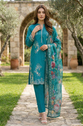 Lakhany Premium 03 Piece Unstitched Dyed Embroidered with Printed Chiffon Dupatta