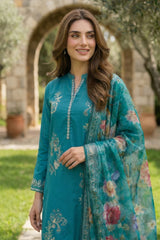 Lakhany Premium 03 Piece Unstitched Dyed Embroidered with Printed Chiffon Dupatta