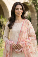 Lakhany Premium 03 Piece Unstitched Dyed Embroidered with Printed Chiffon Dupatta