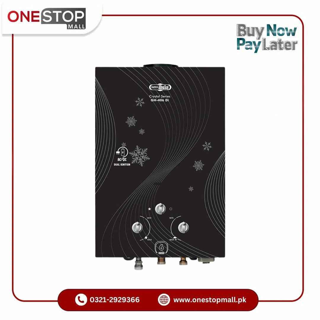 Super Asia Instant Geyser Gas GH-406 DI New Model 06 Litre 3 Knobs For Tempreture & Weather Control Natural Gas Use Only Crystal Series Brand Warranty
