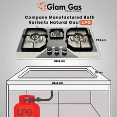 Glam Gas Built In Hob (Model GG-Flora B) 3 Burner Steel Pan Supports (Natural Gas & LPG) Easy To Clean Brand Warranty - Onestopmall.pk