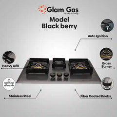 Glam Gas Built In Hob (Model Black Berry) Auto Ignition System (Natural Gas & LPG) Brand Warranty - Onestopmall.pk