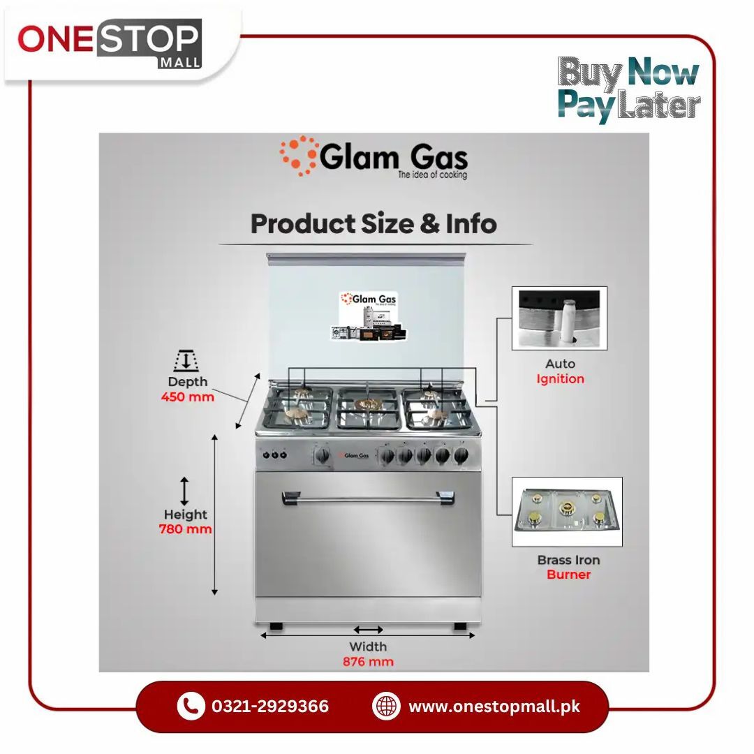 Glam Gas Cooking Range (Gas) BAKER’S 34 Full Stainless Steel Heavy Grill Auto Ignition System (Natural Gas & LPG) Brand Warranty - Onestopmall.pk