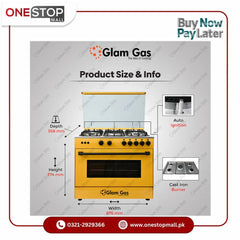 Glam Gas Cooking Range Chef 34' Yellow Tempered Glass Auto Ignition (Natural Gas & LPG) Brand Warranty - Onestopmall.pk
