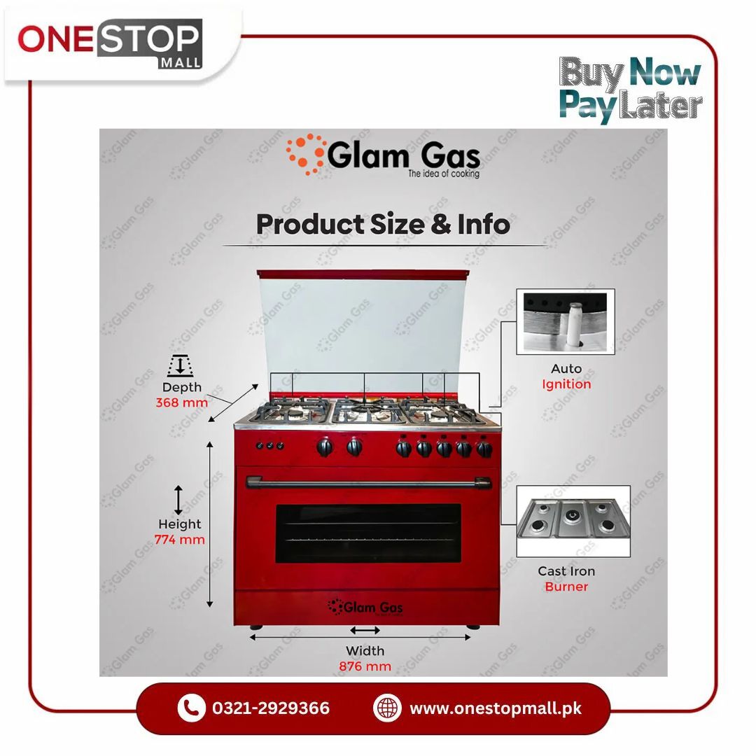 Glam Gas Cooking Range Chef 34 Red Tempered Glass Auto Ignition (Natural Gas & LPG) Brand Warranty - Onestopmall.pk