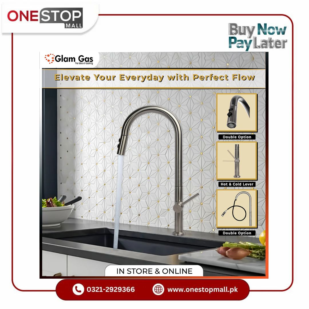 Glam Gas Faucet (Faucet Flow-11) Imported Aerater Stainless Steel Flexible Hose Brand Warranty - Onestopmall.pk