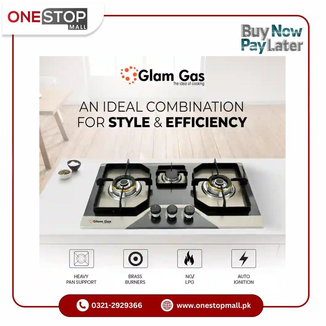 Glam Gas Built In Hob (Model GG-Flora B) 3 Burner Steel Pan Supports (Natural Gas & LPG) Easy To Clean Brand Warranty - Onestopmall.pk